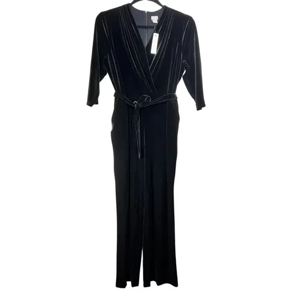 NEW Chico's Womens Black Wide Leg Waist Tie Elegant Velvet Jumpsuit Size 3 US 16 - Picture 2 of 16